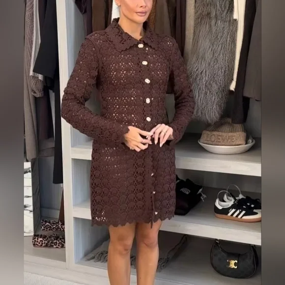 Sz M NEW H&M Dark Brown Crochet-Look Dress : 1274541002 - Picture 4 of 4